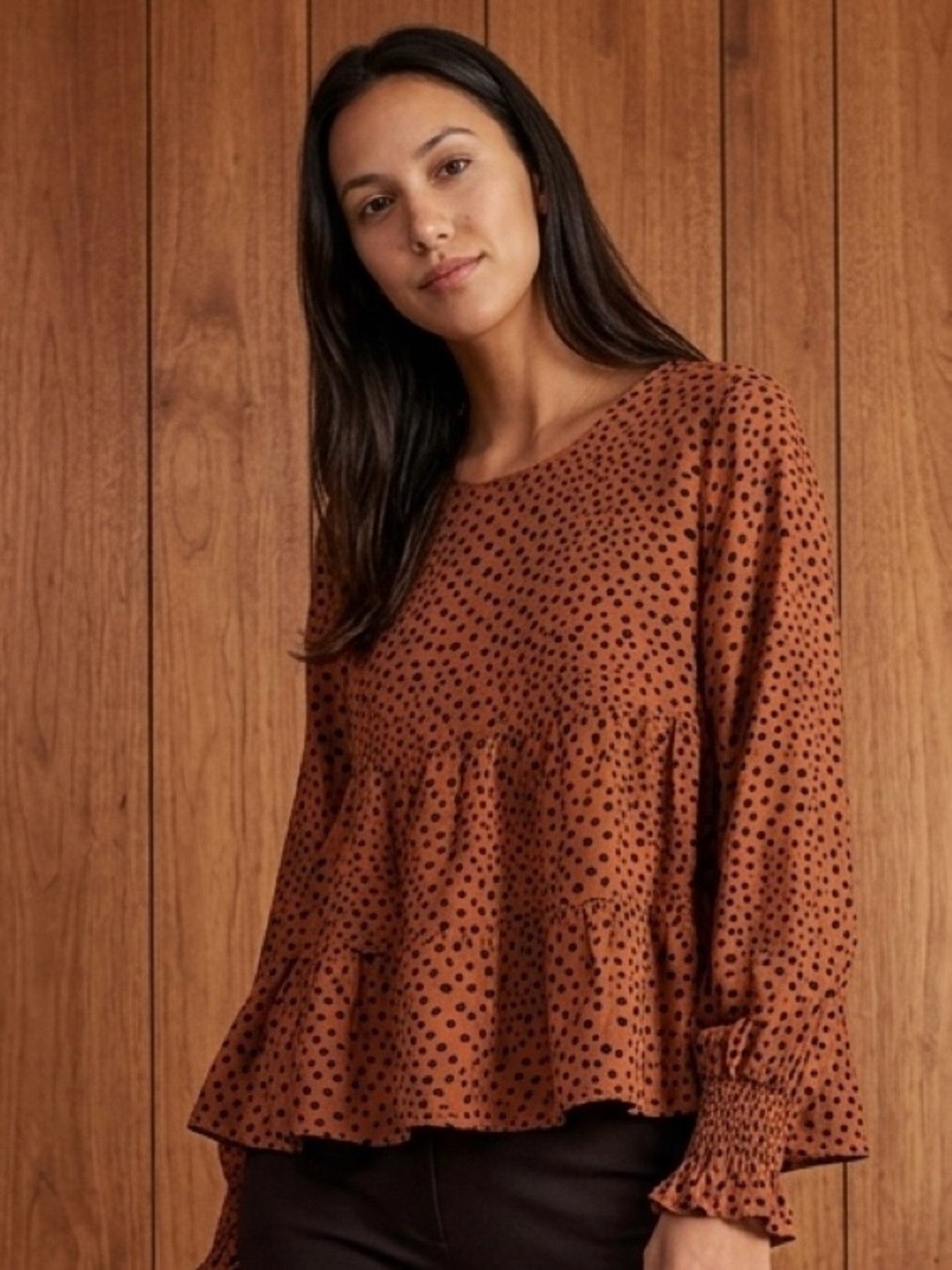 POPSUGAR Rust Brown Polka Dot Peplum Blouse